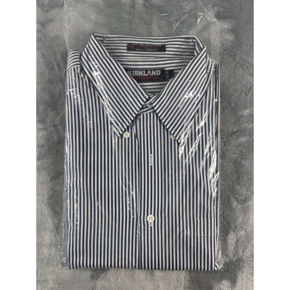 Kirkland Signature Mens Pinpoint Oxford Dress Shirt Blue White Stripe 17.5 35